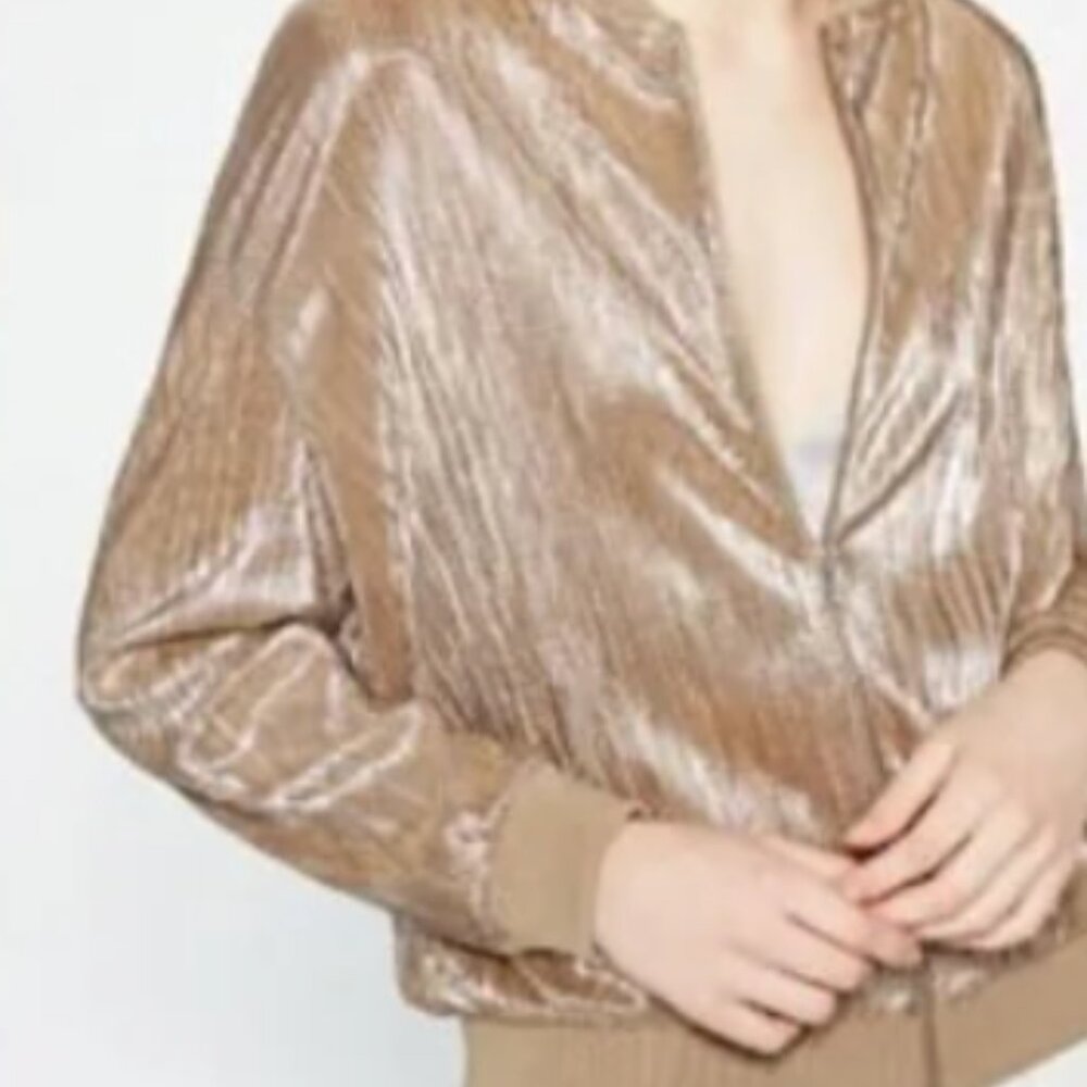 Zara Shimmer Metallic Bomber Jacket Size M - Picture 4 of 11